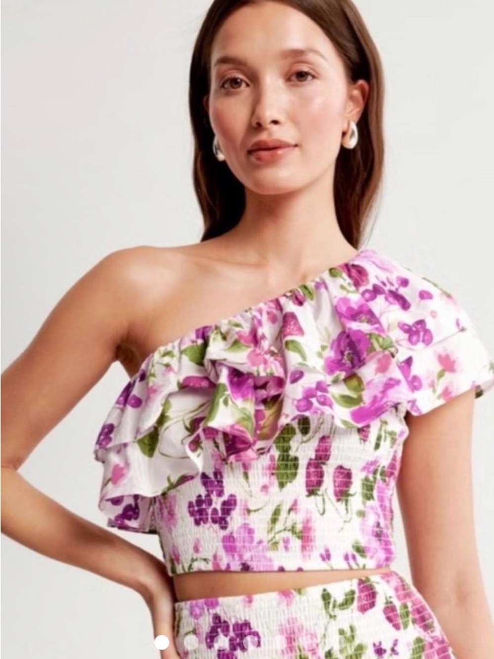 Womens White Floral One-Shoulder Ruffle Top